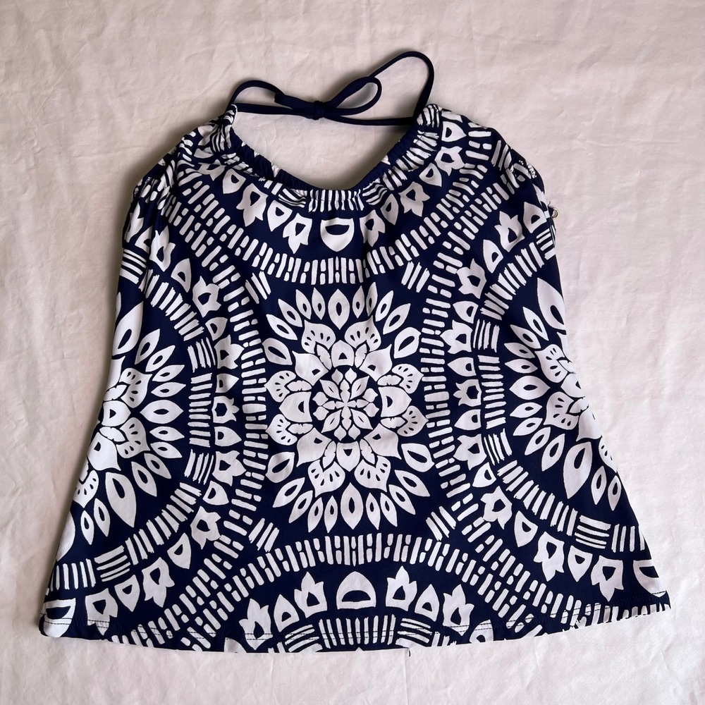 Trina Turk Indochine Tankini Top 8 Navy White Halter Mandala Boho Chic Resort